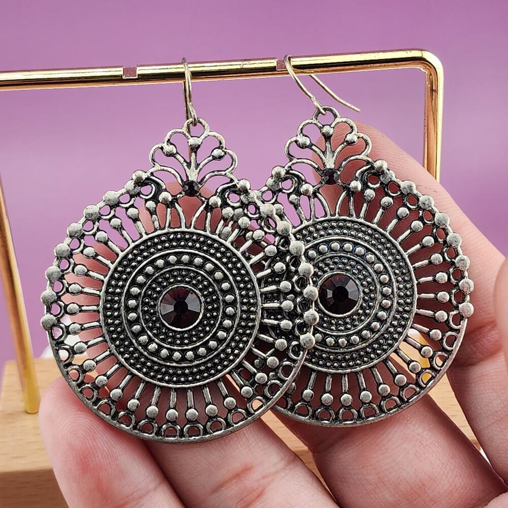 Silver Tone Round Filigree Drop Earrings Purple Center Large Boho Statement Pair